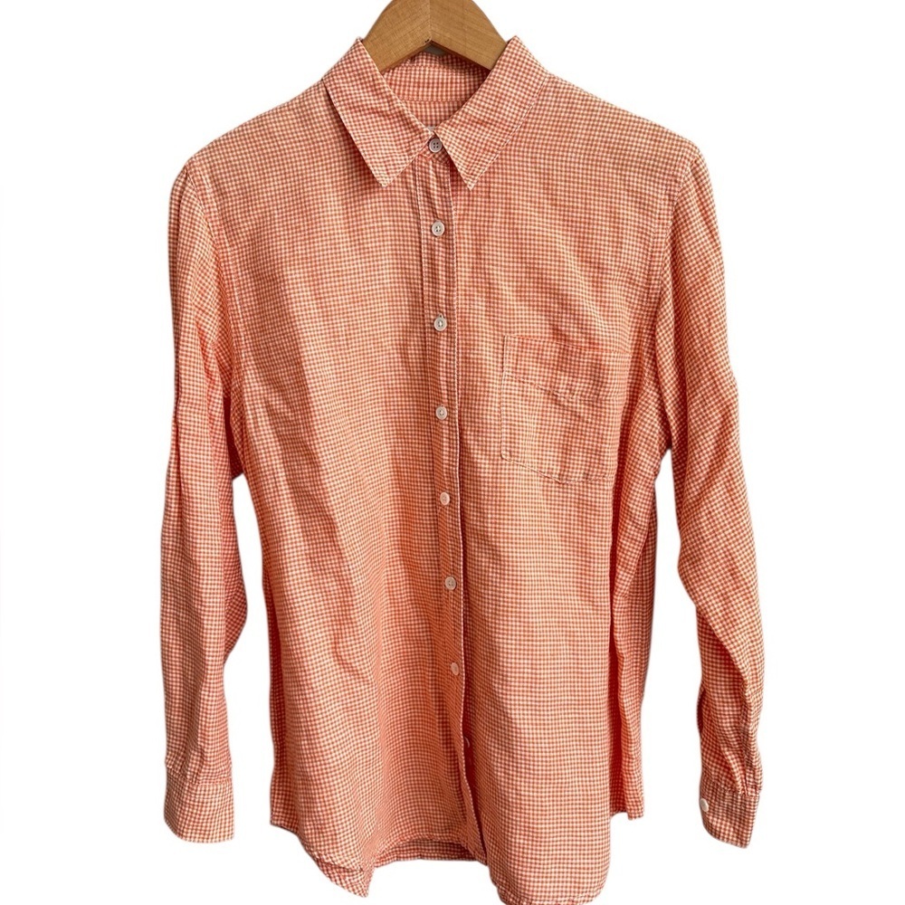 Ann Taylor Orange Gingham Linen Blend Button-Down Shirt Medium